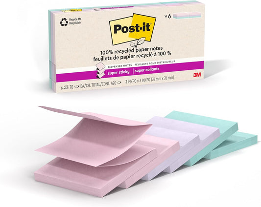 Post-it Super Sticky 100% Recycled Pop-up Notes, 3 in. x 3 in., 12-Pack, (70 Sheets, 6 Pads/per Pack) Wanderlust Collection, School Supplies and Office Products, 72 Pads Total Count