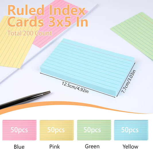 Colored Index Cards, 200 Count Note Cards,150gsm Heavy Weight College Ruled Colored Flashcards for Students, Teachers, and Professionals, Study Note (50 Sheets Each) (3 * 5 inches)