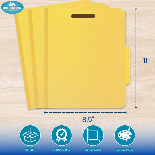 1InTheOffice Classification Folders, 2 Dividers, Pressboard, Letter Size, 6 Fasteners, Yellow, 10 Pack