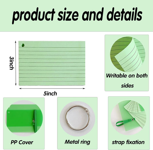 200 Count Colored Index Cards, 3x5 Inch with Key Ring, Portable Note Taking Study Note Cards for Office Home