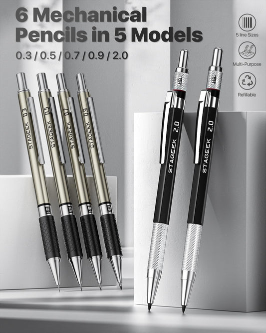 STAGEEK Mechanical Pencil Set with Case 37 Count, Drawing Pencils 0.3, 0.5, 0.7, 0.9MM & 2PCS 2MM Sketching Pencils with 492PCS Lead Refills (6B 4B 2B HB 2H 4H Color) for Artist Drafting Drawing