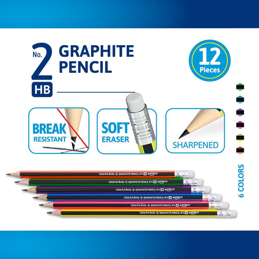 Pointer Wooden Pencils Pre-Sharpened HB Graphite Colorful Assorted Bodies, Hexagonal Grip for Comfortable Use with Soft Erasers Strong Break-Resistant Core Smooth Writing for Classrooms Work - 12Pcs