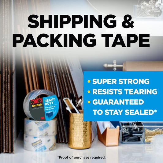 Scotch Heavy Duty Packaging Tape, 1.88 x 54.6 yd, Designed for Packing, Shipping and Mailing, Strong Seal on All Box Types, 3" Core, Clear, 1 Roll w/Dispenser (3850-2ST)