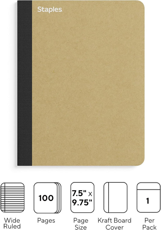 STAPLES Premium Composition Notebook, 7.5” x 9.75”, Wide Ruled, 100 Sheets, Brown, 3‑Pack