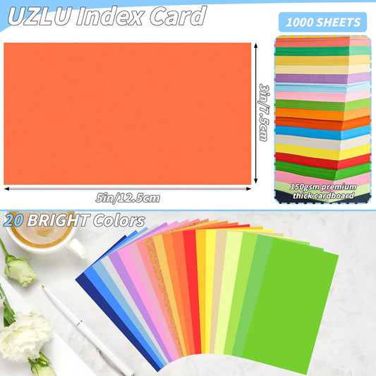 1000 Pcs Colored Index Cards Bulk 4 x 6 Inch Blank Flash Cards 20 Assorted Colors Notecards 180GSM Heavyweight Index Note Cards Portable Note Taking for Studying School College Office Memo