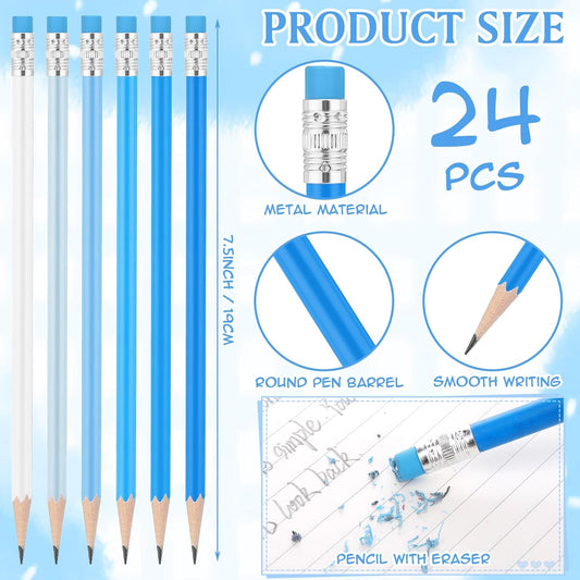 24 Pcs Round Pencils with Eraser 2 HB Cute Pencils Bulk for School Graphite Wood Color Unsharpened Pencil for Drawing Sketching Wedding School Teacher Supplies Student Reward