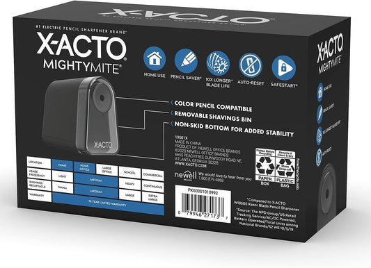 X-ACTO Pencil Sharpener, Mighty Mite Electric Pencil Sharpener, With Pencil Saver®, SafeStart® Motor, Black, 1 Count - Home, Office, School, Teacher Supplies