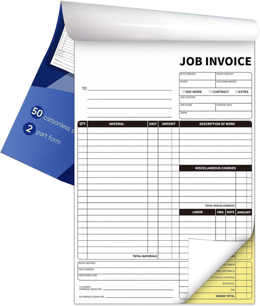 Carbonless Work Order Forms,7.5 x 11 inches Invoices for Small Business,Sales Order Book with Backing Board, 2-Part Receipt with Carbon Copy, 50 Sets