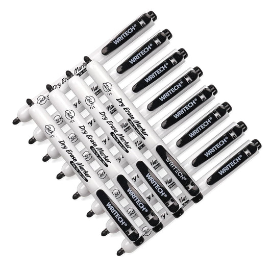 WRITECH Retractable Dry Erase Markers: Fine Point Clickable Black Colored Ink Marker Low Odor Erasable Thin Tip Refillable Whiteboard Marker Pen Set 12ct No Bleed Smear