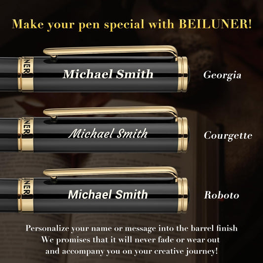 BEILUNER Luxury Gel Pen with 24K Gold Finish, Black Piano Lacquer, Luxury Grade Craftsmanship, Best Pen Gift Set for Men and Women, Professional, Executive, Office, Retractable Nice Pens