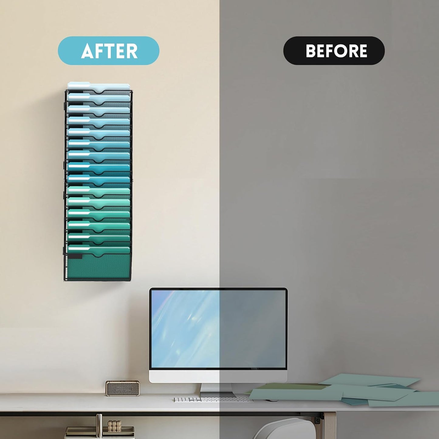 SUPEASY 10-Tier Wall File Organizer, Hanging Wall Files for Papers, Folders, Magazines, Clipboard, Wall Organizer for Office Home School Classroom, Black