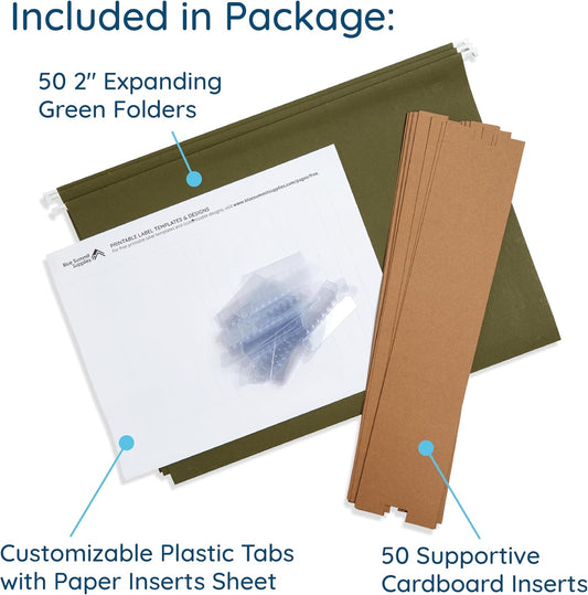 50 Extra Capacity Hanging File Folders, Heavy Duty, 2’’ Expansion Filing Folders, Designed for Bulky Files, Legal Charts, Manuals, and More, Standard Green, Legal Size, 50 Pack