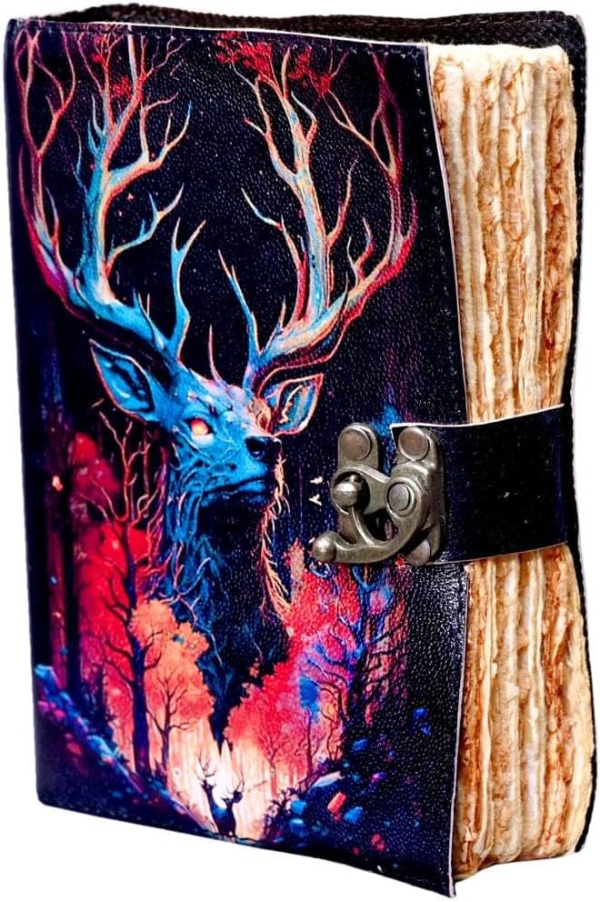 Stag Deer Leather Journal with Lock 7x5 Inch | Handmade Gothic Forest Notebook | 200 Pages 150 GSM Recycled Paper | Pagan Fantasy Grimoire Diary Gift for Men Women