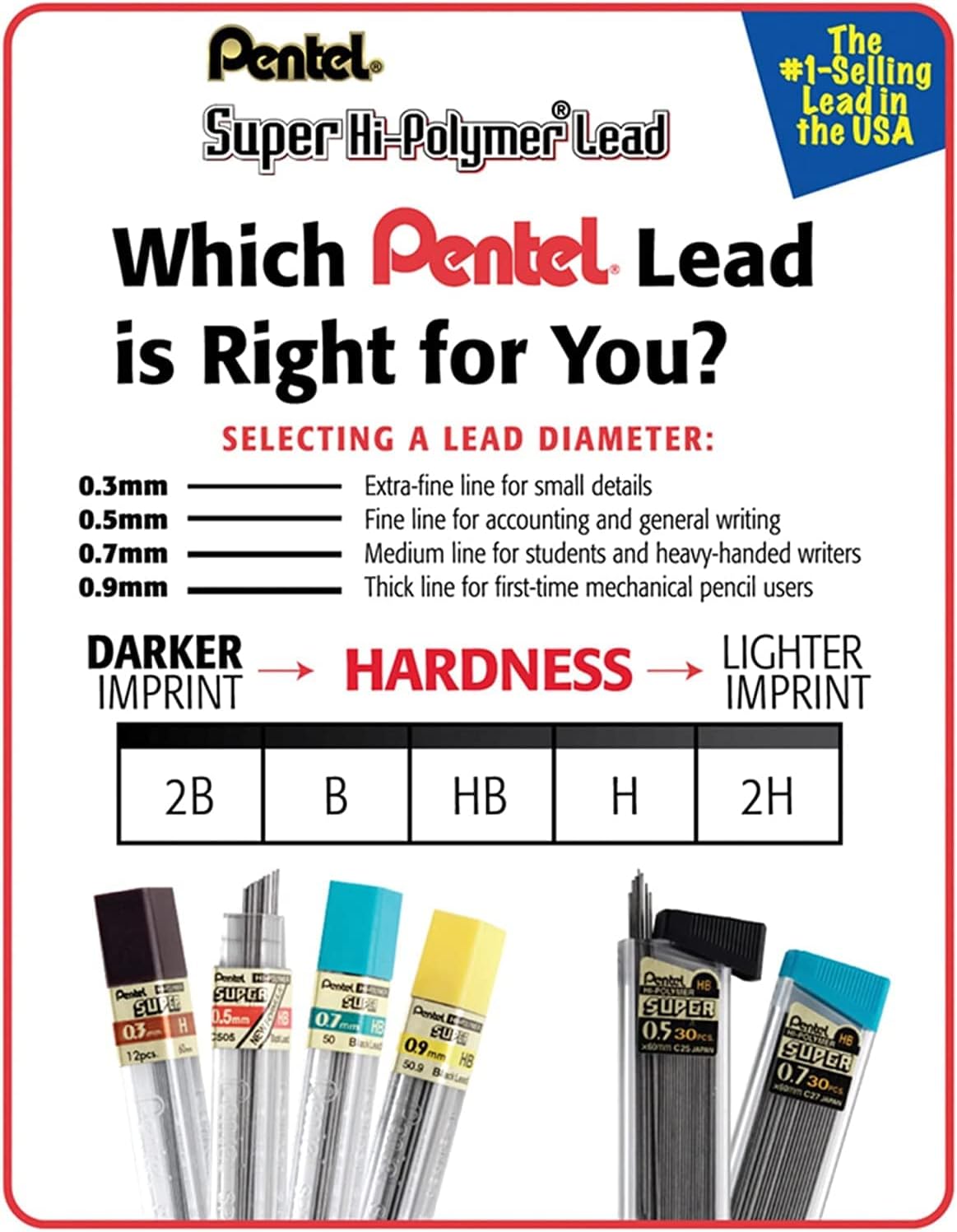Pentel Super Hi-Polymer HB 7mm Lead Refill Pack - 6 Packs of 30 Leads & 3 Packs of 4 Latex-Free White Erasers - Mechanical Pencil Refills