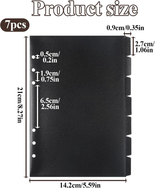 Thinp A5 6 Ring Binder Dividers with Tabs, 7-Pack Plastic A5 Tab Dividers Black Binder Index Divider Insertable Planner Inserts 6 Hole for Notebooks and Binders (Black)