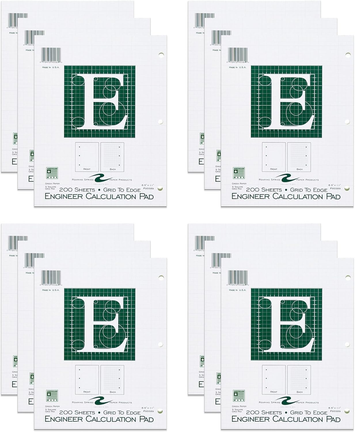 ROARING SPRING Graph Ruled Engineering Pad, Engineering Graph Paper Pad, 5x5 Enclosed Grid, 8.5" x 11", 100 Sheets, 3 Hole Punched, Buff Tinted Sheets, Made in USA