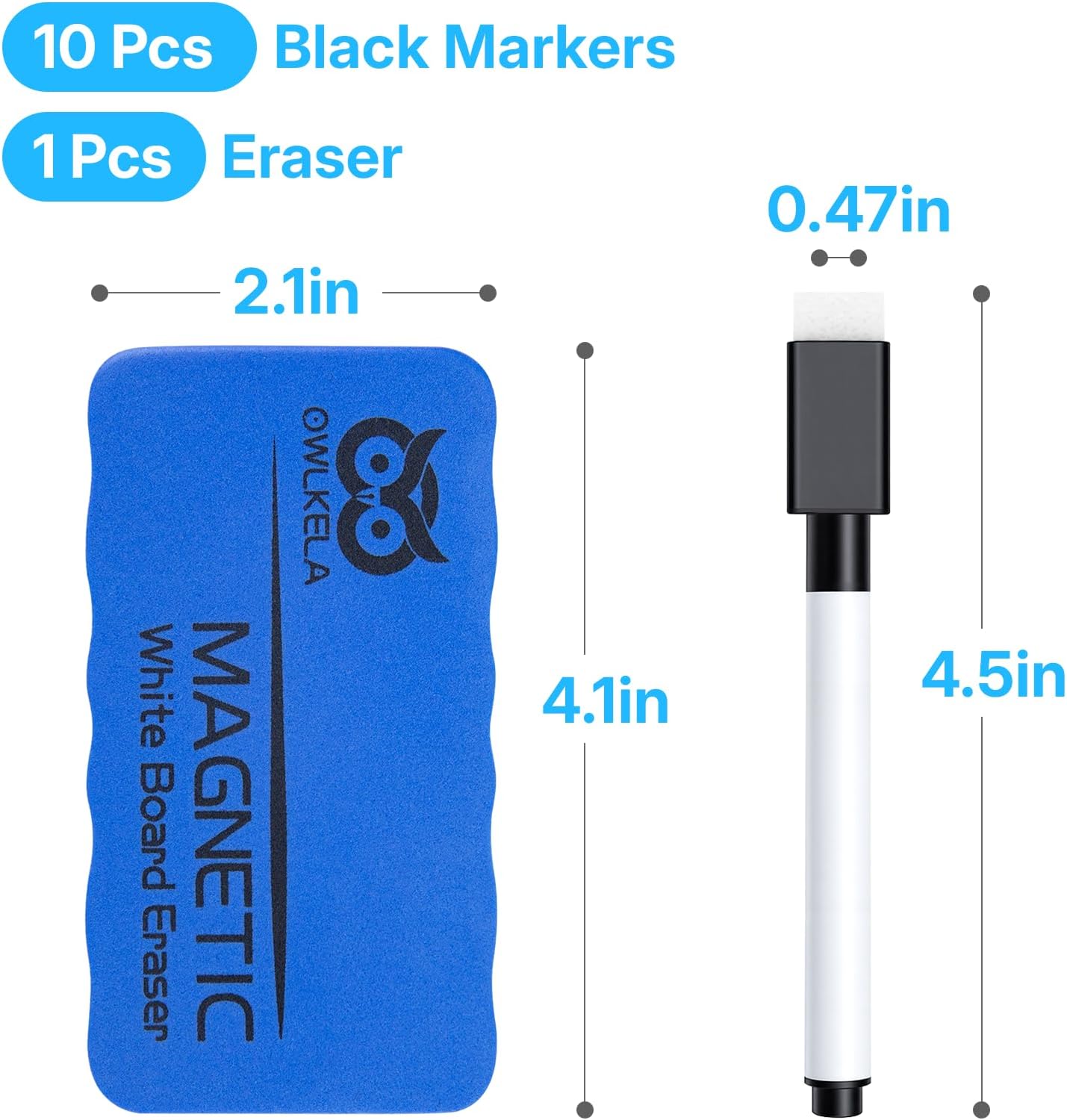 OWLKELA 10 Pcs Black Magnetic Erasable Markers for Whiteboard, Dry Erase Markers with Eraser, Low Odor Magnetic Eraser, White Board Markers for Office, Classroom, Home