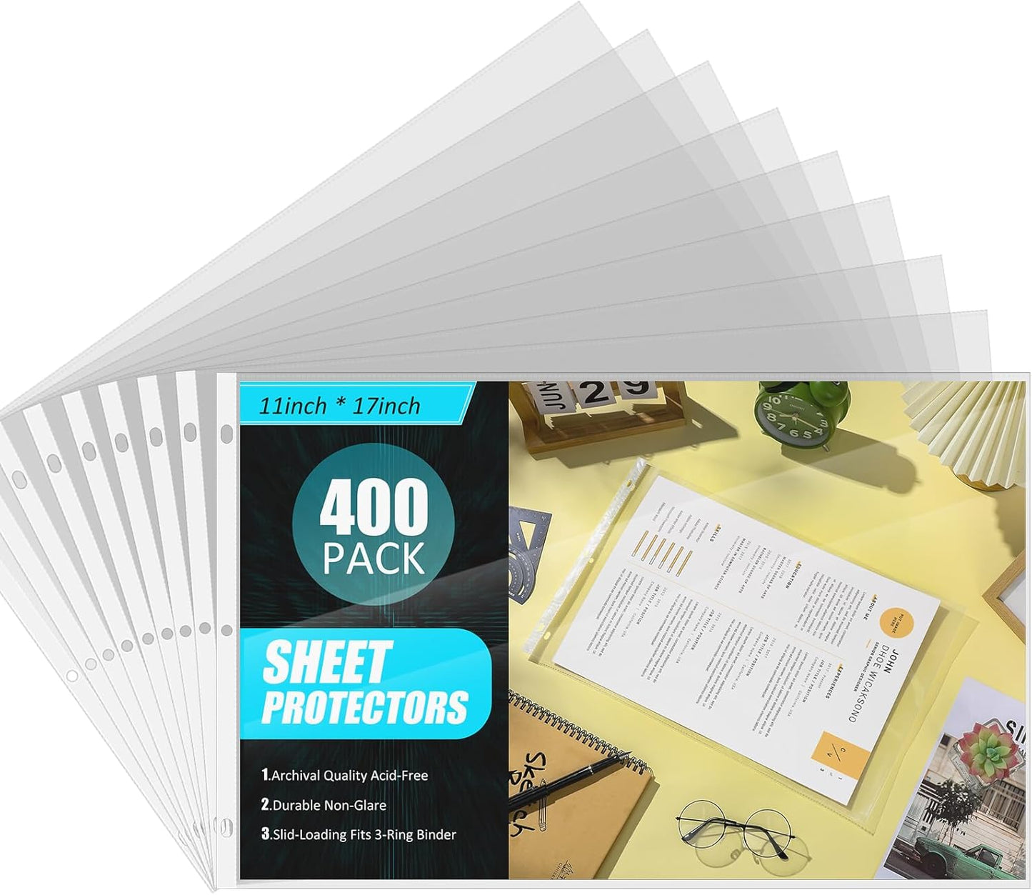 Glenmal 200 Pack Sheet Protectors 11 x 17 Inch 3 Hole Clear Heavy Duty Page Protectors for 3 Ring Binder, Plastic Sleeves for Binders