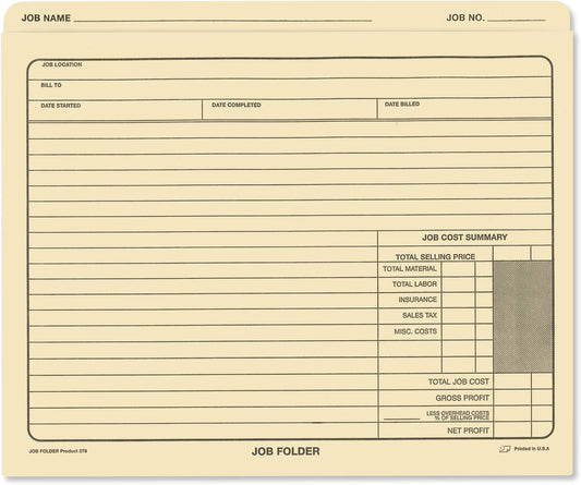 NextDayLabels - Job Folders Manila File Jacket 10” x 12” – Heavy Duty - Preprinted to Track Job Progress, Calculating Cost, and Customer Correspondences - 50 Folders
