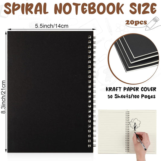 Eersida 20 Pack A5 Spiral Notebook College Ruled Spiral Notebook Bulk 5.5 x 8.3 Inch Hardcover Notepads Lined Travel Writing Journal Notepad, 50 Sheets 100 Pages(Black, Kraft)