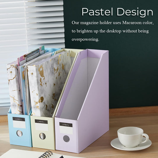Y YOMA Cardboard File Magazine Holder, Pastel Color, 6 Pack Desktop Binder Holder with Labels Vertical File Storage Foldable Organizer Box, for Office Classroom Home Workspace