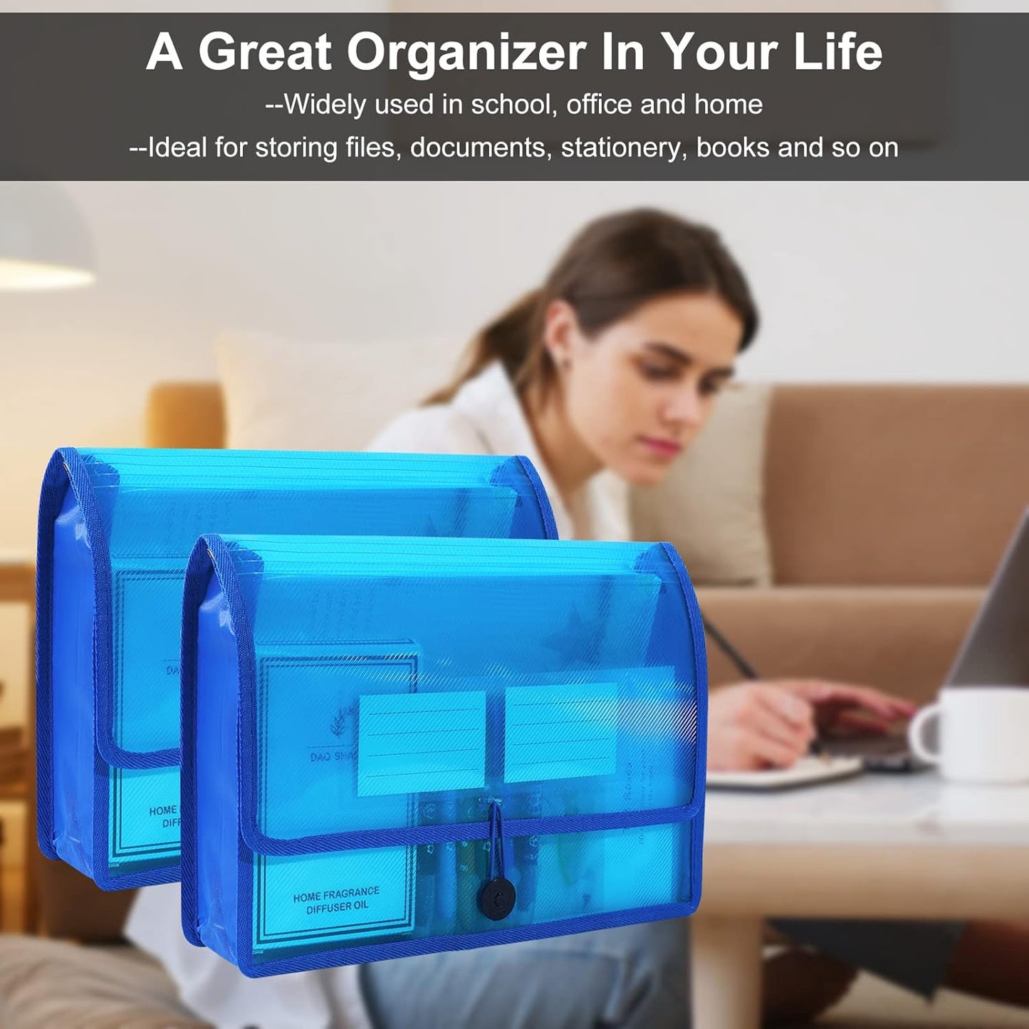 Eco-Friendly Plastic File Folders, Expanding Poly File Wallet, Transparent Expandable Envelope Organizer Document Folder with Elastic Band and Button Closure, with Small Two Pockets, 5 Colors