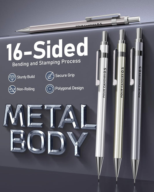 Four Candies 0.7mm Mechanical Pencil Set with Case - 4PCS Metal Mechanical Pencils, 8 Tubes HB #2 Lead Refills, 3PCS 4B Erasers and 9PCS Eraser Refills, Lead Mechanical Pencils for Writing & Drawing