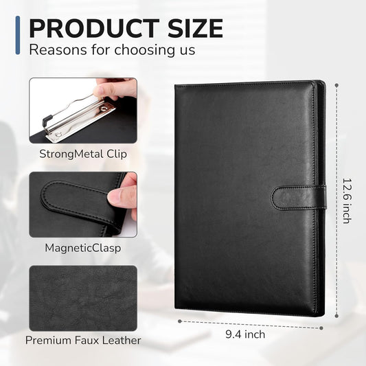 Professional Padfolio with Clipboard, Faux Leather Portfolio Folder Binder, Legal Pad Holder for A4 Letter Size Notepad, Resume, Writing Pad, Ideal Organizer for Business Office Conference, Black,