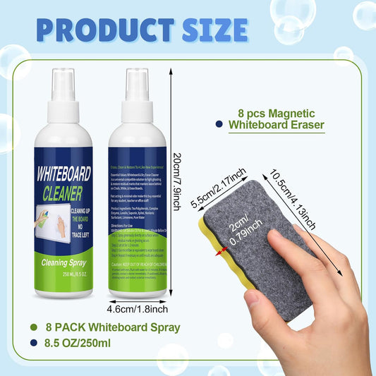 Fuyoooo 16 Pcs Whiteboard Cleaner Dry Erase Set, 8.5 fl oz Whiteboard Cleaning Spray Dry Erase Board Liquid Cleaner with 8 Magnetic Chalkboard Board Erasers for Classroom Home Office
