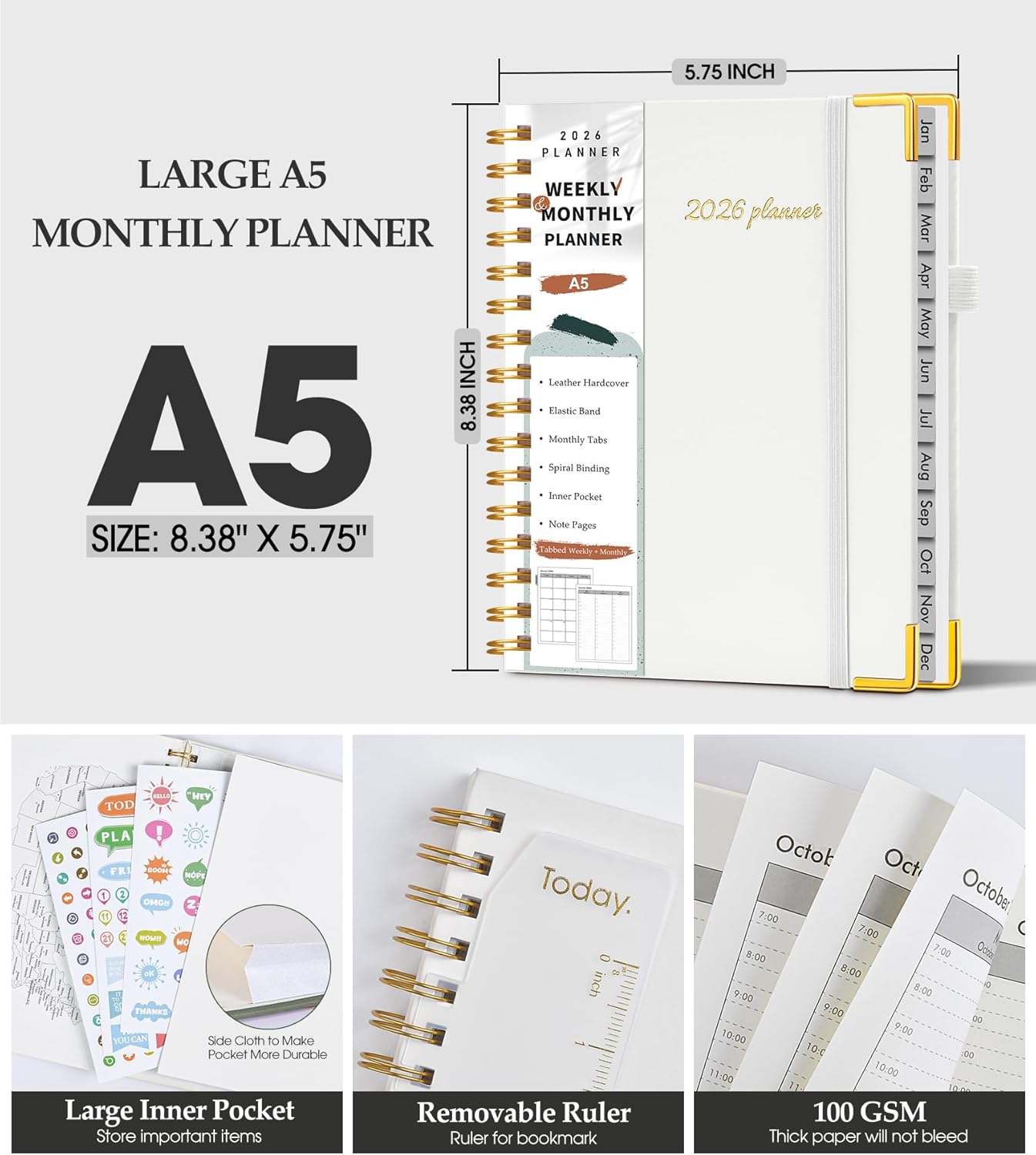 2026 Planner, Weekly and Monthly Calendar Planner from January 2026 - December 2026, 8.5" x 11" Hardcover Leather Hourly Appointment Book with Tabs, Spiral Daily Planners for School Work Home, Green