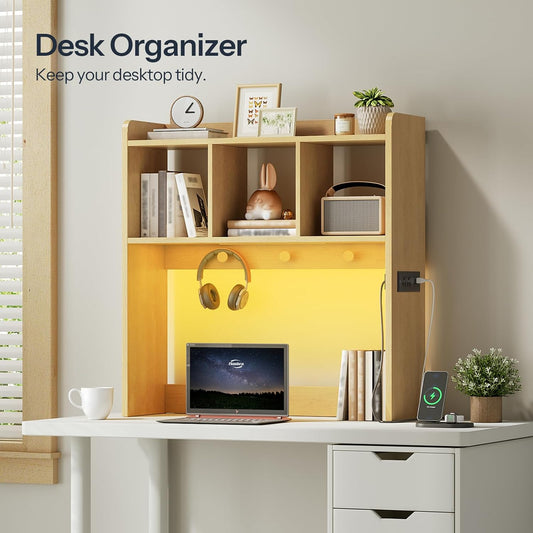 HOOBRO Desktop Bookshelf, Office Desktop Shelf, Desk Hutch with Outlets, Wooden Office Desktop Bookcase, Desktop Organizer Shelf with LED Light Strip and 3 Hooks, for Home, Study, White WT12UDSJ01