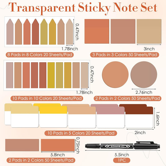 Glenmal Transparent Sticky Note Set 910 Sheets Translucent Clear Self-Adhesive Sticky Notes Bulk Gradient Color Waterproof for Bible Tabs Book Tabs Office Study Supplies Book Annotation (Pink)