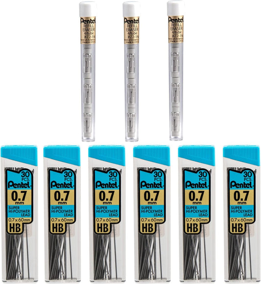 Pentel Super Hi-Polymer HB 7mm Lead Refill Pack - 6 Packs of 30 Leads & 3 Packs of 4 Latex-Free White Erasers - Mechanical Pencil Refills