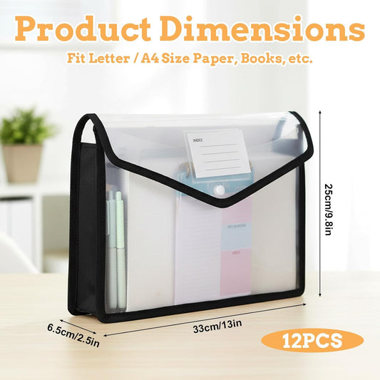 12 Pack Plastic Expanding File Folder, Folders for Documents with Snap Closure, Transparent Accordion File Pouch, A4 Letter Size Transparent Envelopes with Snap Closure (Black)