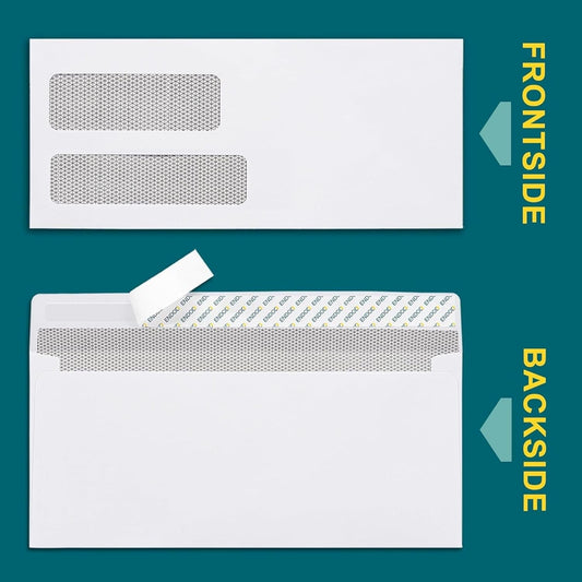 EnDoc 500#9 Double Window Envelopes Self Seal, 3 7/8 x 8 7/8" Security Tinted Envelopes for Invoices & Statements, Business Mailing Envelopes with Windows, Bright White 24lb Paper no. 9