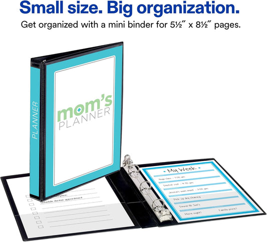 Avery Mini Durable View 3 Ring Binder, Holds 5.5" x 8.5" Paper, 0.5" Round Rings, 100-Sheet Capacity, 0.7 Inch Wide Spine, 1 Black Binder, Great for Home, School Supplies, Office, and More (27725)