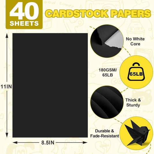 TUXIYA Black Cardstock 8.5 x 11 Inches, 180 GSM/65 LB Heavyweight Black Construction Paper, 40 Sheets Printer Paper for Invitations, DIY Cards, Arts, Crafts, Watercolor Projects