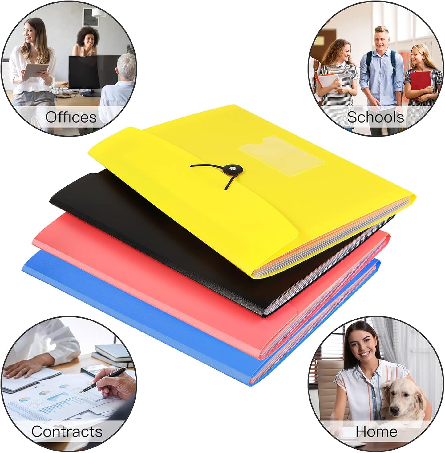 4 Pack 7-Pocket Expanding File, Plastic Expandable File Folder with Pockets, A4/Letter Size Accordion Organizer Folder, for School and Office Supplies - Black&Blue&Pink&Yellow