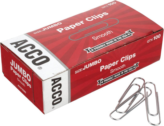 ACCO Paper Clips, Jumbo, Smooth, 100 Clips/Box, 1 Box (72580)