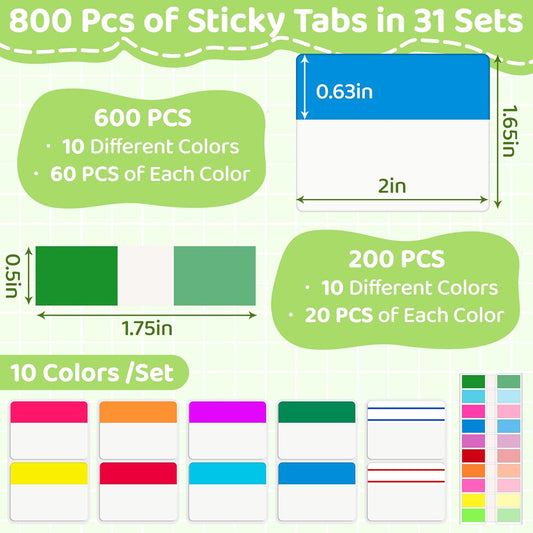 (800 Pieces) Sticky Index Tabs 2 Inch, 31 Sets, Colorful Sticky Tabs for Notebooks, Writable and Repositionable Page Markers, Books and Classify Files, Page Tabs for Binders