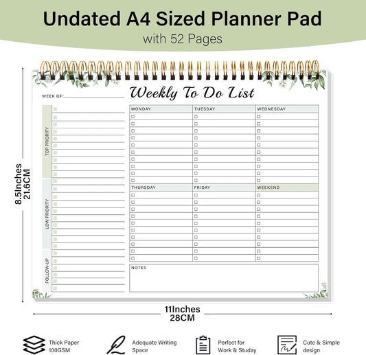 Weekly To Do List Notepad with 52 Undated Sheets(8.5"×11")- Weekly Desk Planner Pad with Spiral Binding for Women & Man, Office, School and Home Personal Organizer