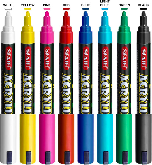 SFAIH Acrylic White Paint Pens - 8 Pack 2-3MM Medium Tip & 0.7MM Extra Fine Paint Marker for Rock Painting, Wood, Metal, Fabric, Plastic, Canvas, Glass, Ceramic, Diy Crafts, White Out Pen