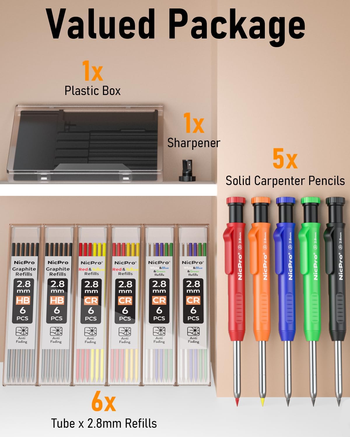 Nicpro Carpenter Pencil with Sharpener, Mechanical Pencils Set with 26 Refills, Deep Hole Marker for Construction, Heavy Duty Woodworking Tools for Architect (Black, Red) - With Case