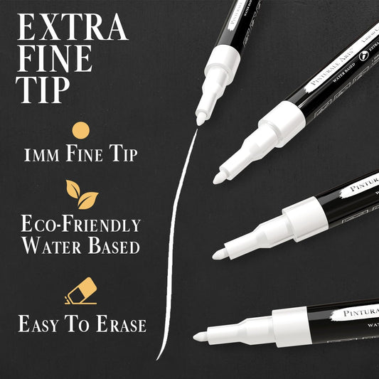 Pinturale Arts 4 Extra Fine Tip White Chalk Markers | 1mm Tip | For Windows, Blackboard, Dry Erase Board, Chalkboards, Glass, Easy Erase | White Chalk Pens Fine Tip
