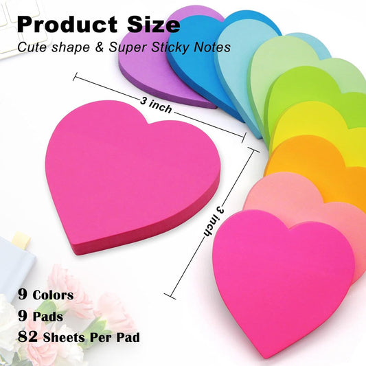 9 Pads Heart Sticky Notes 3x3 in, Super Cute Bright Color Heart Shaped Sticky Notes Strong Adhesive Post, Clean Removal, 82 Sheets/Pad