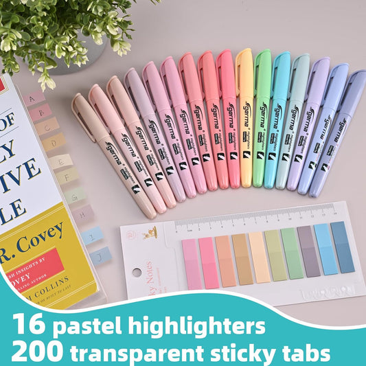 Cgerma Pastel Highlighters Assorted Colors 16 Pack, 200 transparent sticky tabs, Chisel Tip Cute Aesthetic Highlighters No Bleed, Quick-Drying for Journaling, Bible Study, School Office Supplies