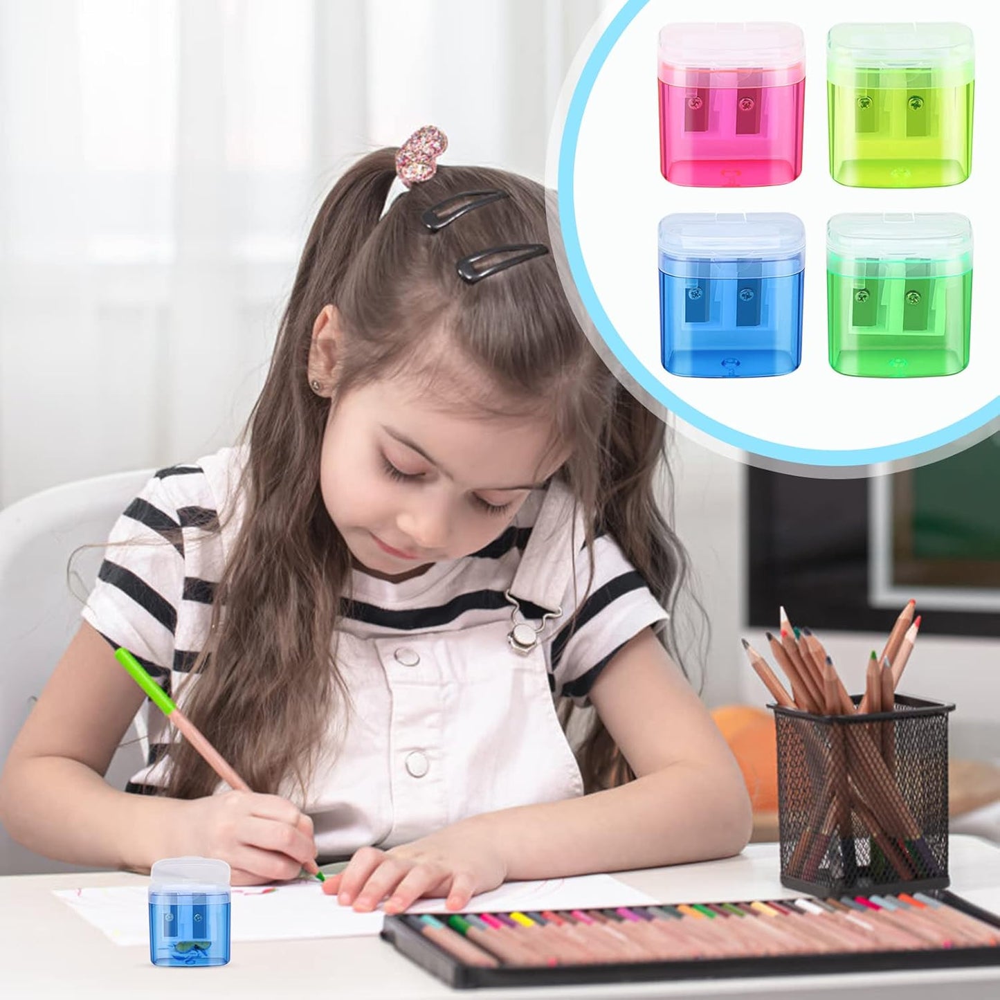 24 Pieces Pencil Sharpeners Manual Dual Holes Pencil Sharpener with Lid Portable Colorful Crayon Sharpener for Kids & Adults, School, Office, Home, Travel