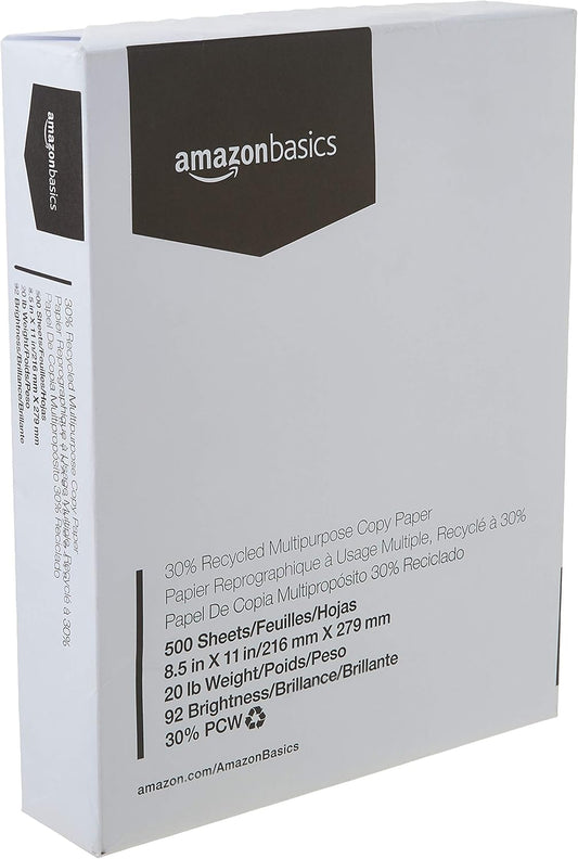 Amazon Basics 30% Recycled Multipurpose Copy & Print Paper, 8.5 x 11 Inches, 20 lb Weight, 92 Bright, White, FSC Certified, 1500 Sheets (3 Reams)