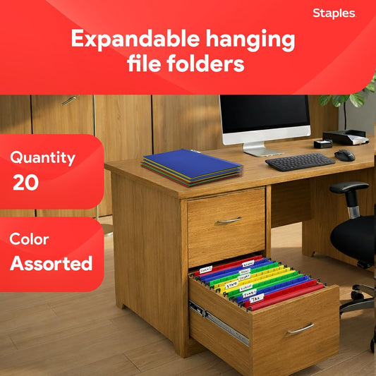 Staples Hanging File Folders, Letter Size, Assorted Colors, Water‑Resistant, 5‑Tab, Includes Tabs & Inserts – 20/Pack
