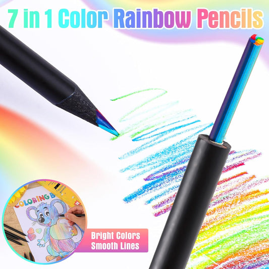 12 Pcs Rainbow Pencils with Sharpener, 7 Color in 1, Black Wooden, Art Supplies for Kids & Adults, Birthday Pencils